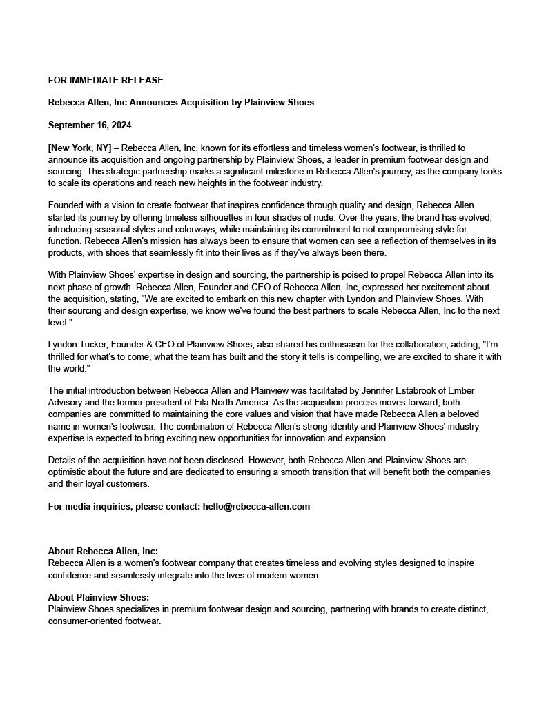 Rebecca Allen Announces Acquisition by + Strategic Partnership with Plainview Shoes